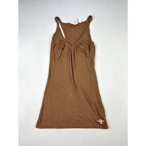 Guess Juniors L Brown Lace Edge Ribbed Fitted Long Tank Top Y2K